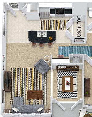 The Budapest with Fenced-in Yard 3D The Budapest with Fenced-in Yard 3D. 1 bedroom apartment. Kitchen with island open to living/dining rooms. 1 full bathroom. Walk-in closet. Patio/balcony open to yard.